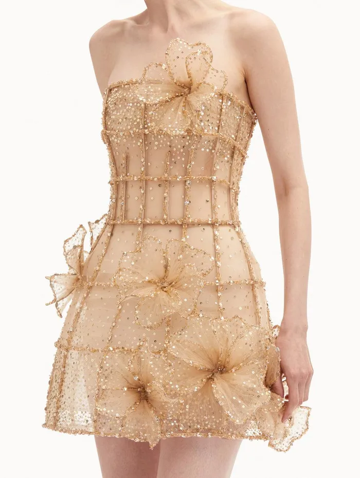 Crystal Grid Orchid Cocktail Dress Gold Women Oscar De La Renta Dresses Crystal Grid Orchid Cocktail Dress Gold Women Oscar De La Renta Dresses