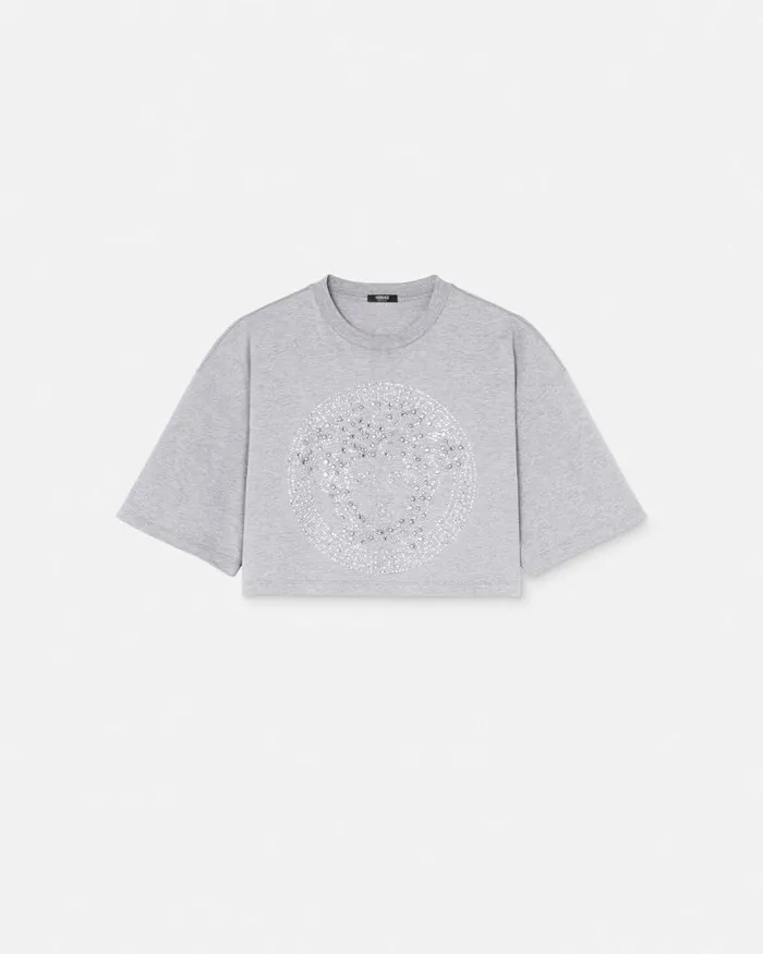 Crystal Medusa Crop Boxy TShirt Gray Women Versace TShirts and Sweatshirts