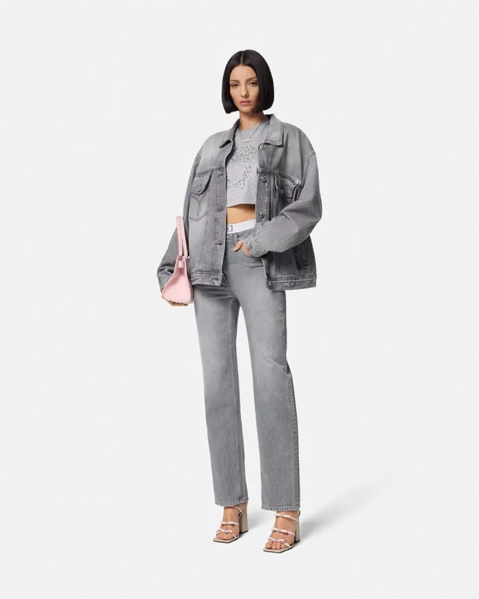 Crystal Medusa Crop Boxy TShirt Gray Women Versace TShirts and Sweatshirts