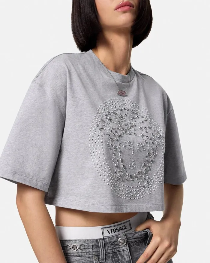 Crystal Medusa Crop Boxy TShirt Gray Women Versace TShirts and Sweatshirts