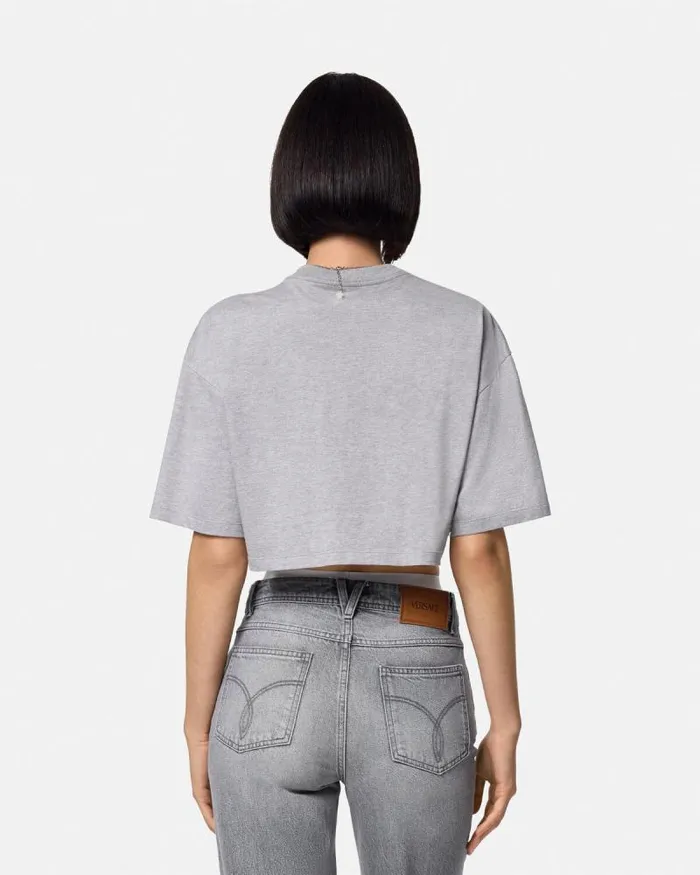 Crystal Medusa Crop Boxy TShirt Gray Women Versace TShirts and Sweatshirts