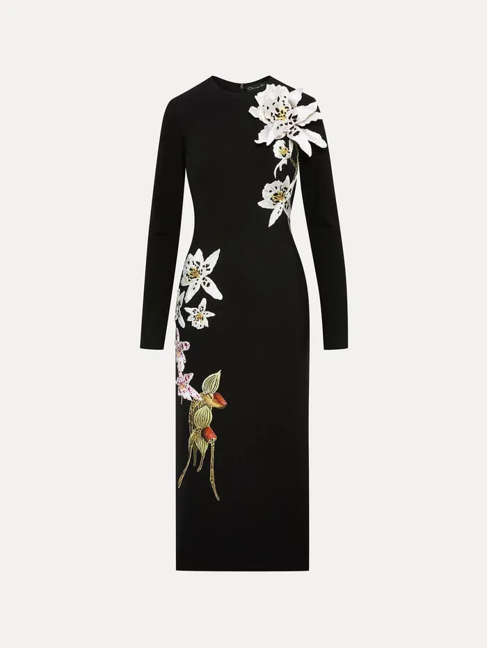Crystal Orchid Threadwork Dress Black Women Oscar De La Renta Dresses