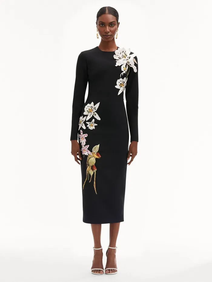Crystal Orchid Threadwork Dress Black Women Oscar De La Renta Dresses
