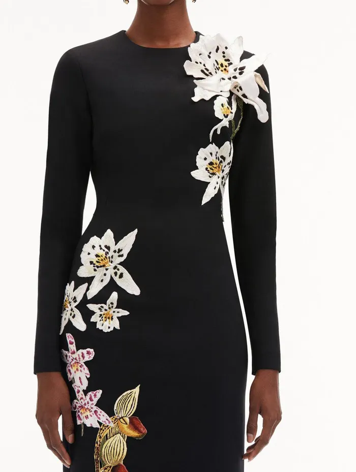 Crystal Orchid Threadwork Dress Black Women Oscar De La Renta Dresses