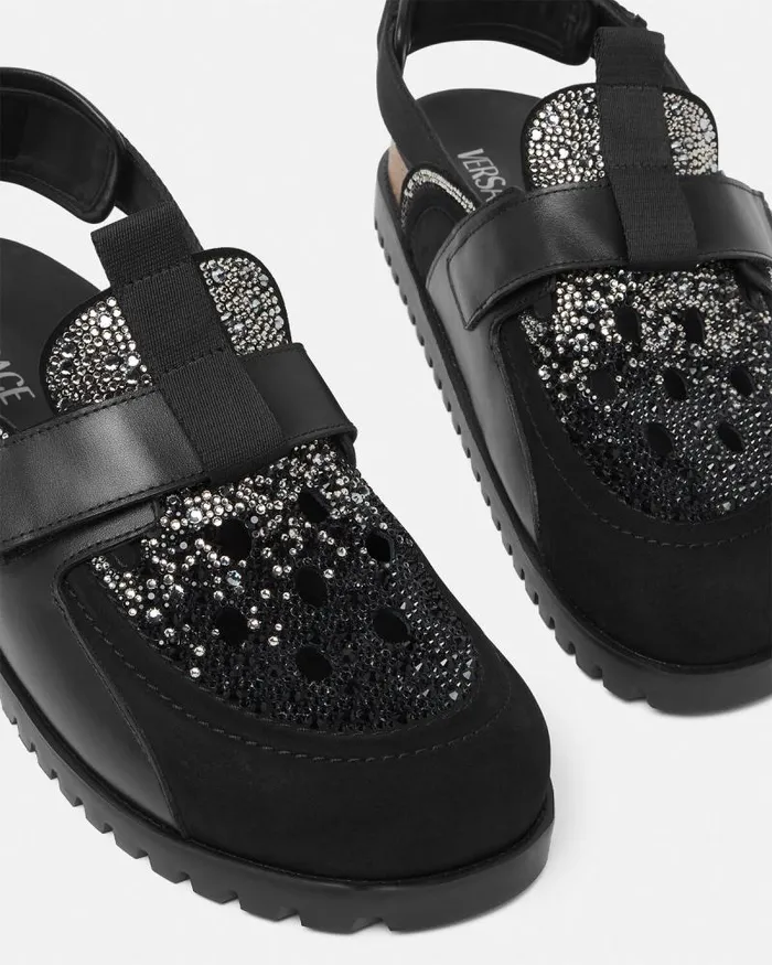 Crystal Suede Mules Black Men Versace Sandals and Slides