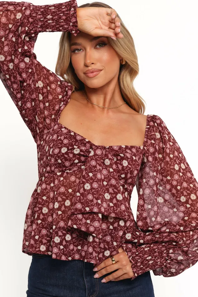 Darrie Long Sleeve Top Burgundy Multi Women Tops Petal and Pup
