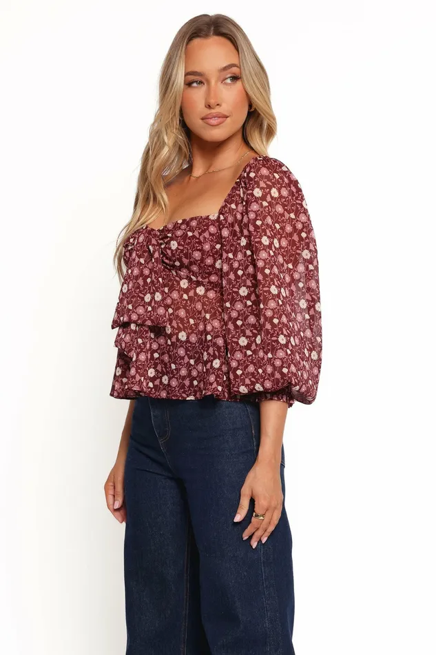 Darrie Long Sleeve Top Burgundy Multi Women Tops Petal and Pup