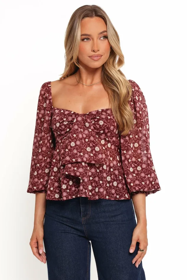 Darrie Long Sleeve Top Burgundy Multi Women Tops Petal and Pup