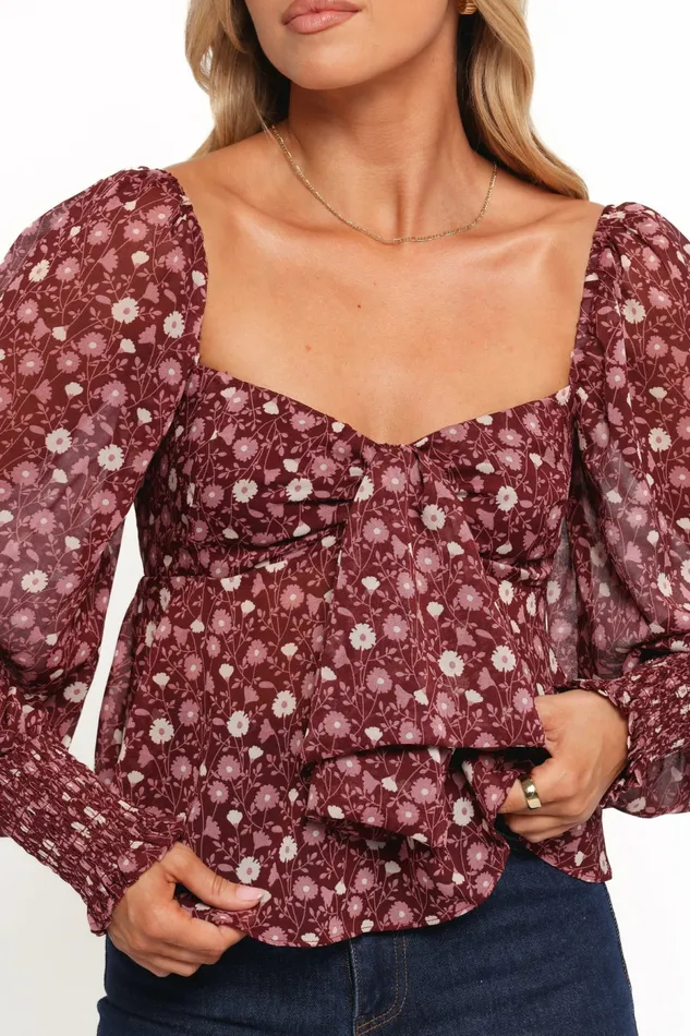 Darrie Long Sleeve Top Burgundy Multi Women Tops Petal and Pup
