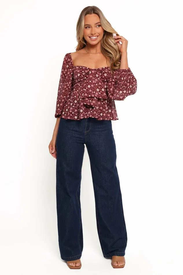 Darrie Long Sleeve Top Burgundy Multi Women Tops Petal and Pup