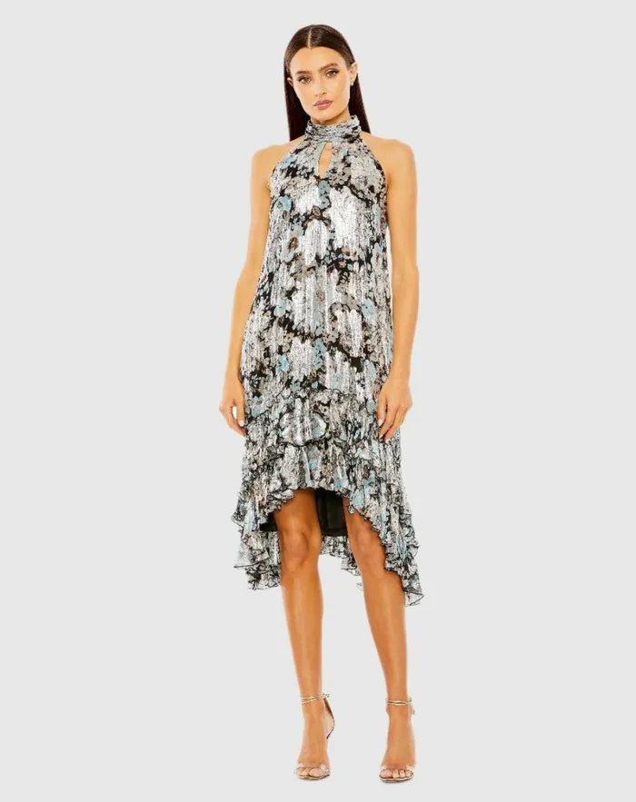 Daytime Dresses Mac Duggal Women High Neck Keyhole ALine Floral Ruffle Mini Dress Black Multi Daytime Dresses Mac Duggal Women High Neck Keyhole ALine Floral Ruffle Mini Dress Black Multi