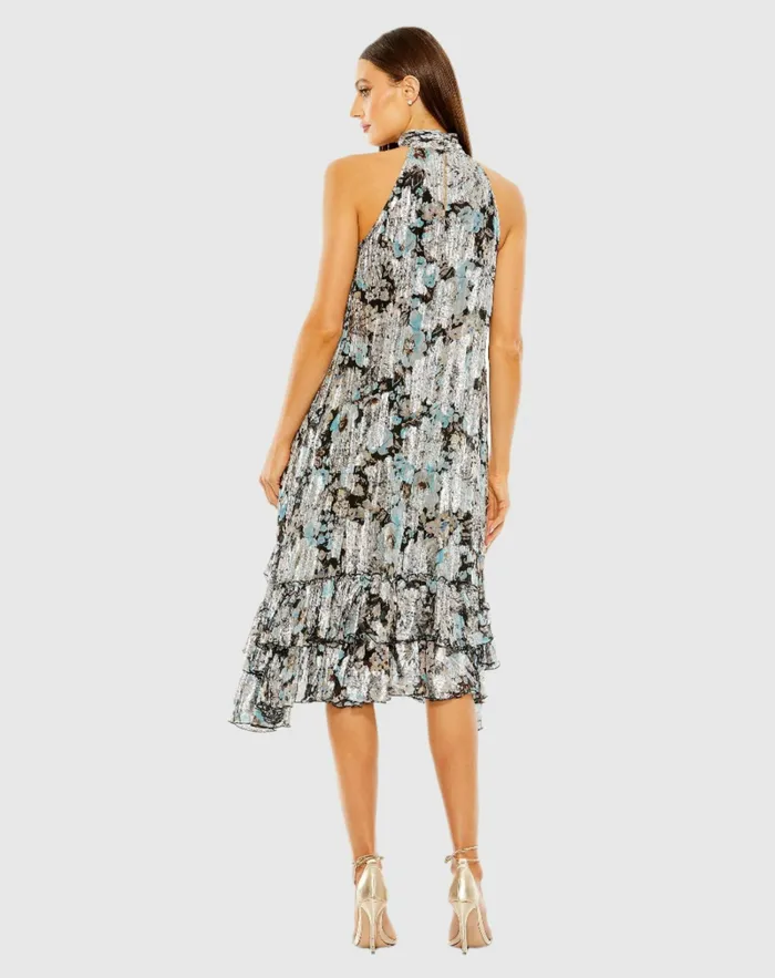 Daytime Dresses Mac Duggal Women High Neck Keyhole ALine Floral Ruffle Mini Dress Black Multi
