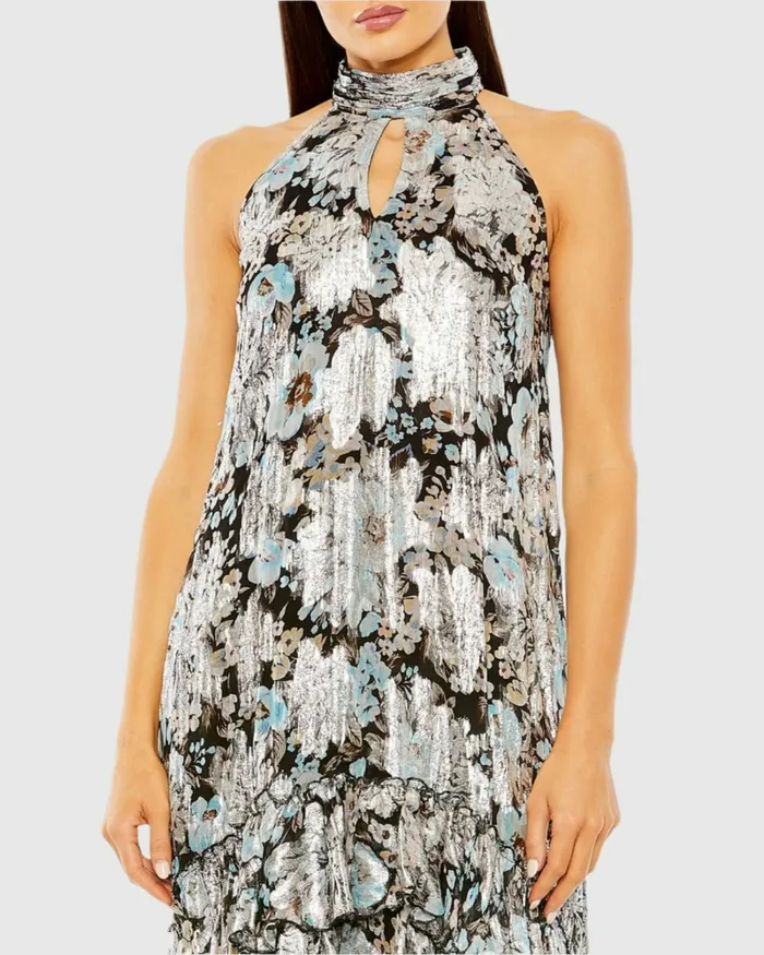 Daytime Dresses Mac Duggal Women High Neck Keyhole ALine Floral Ruffle Mini Dress Black Multi
