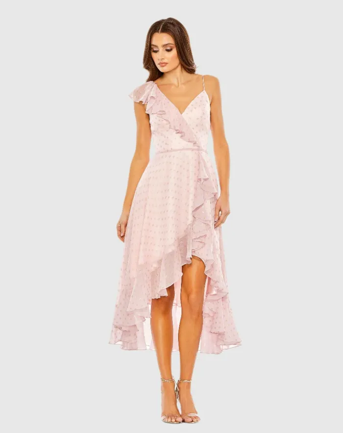 Daytime Dresses Mac Duggal Women Ruffled Faux Wrap Midi Dress Blush Gold