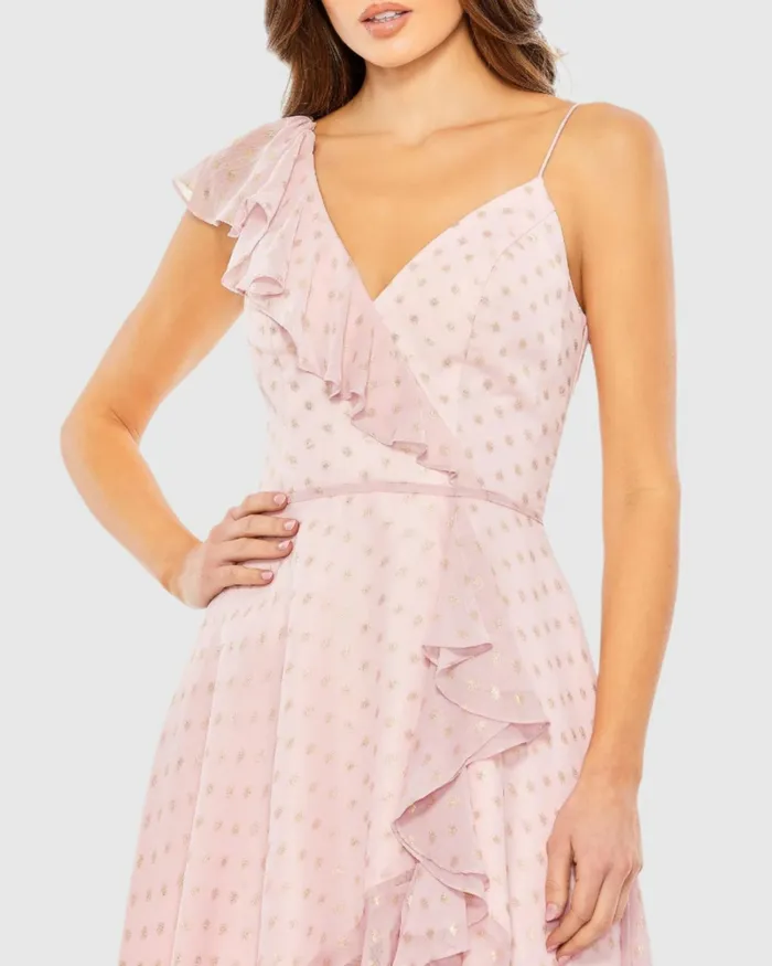 Daytime Dresses Mac Duggal Women Ruffled Faux Wrap Midi Dress Blush Gold