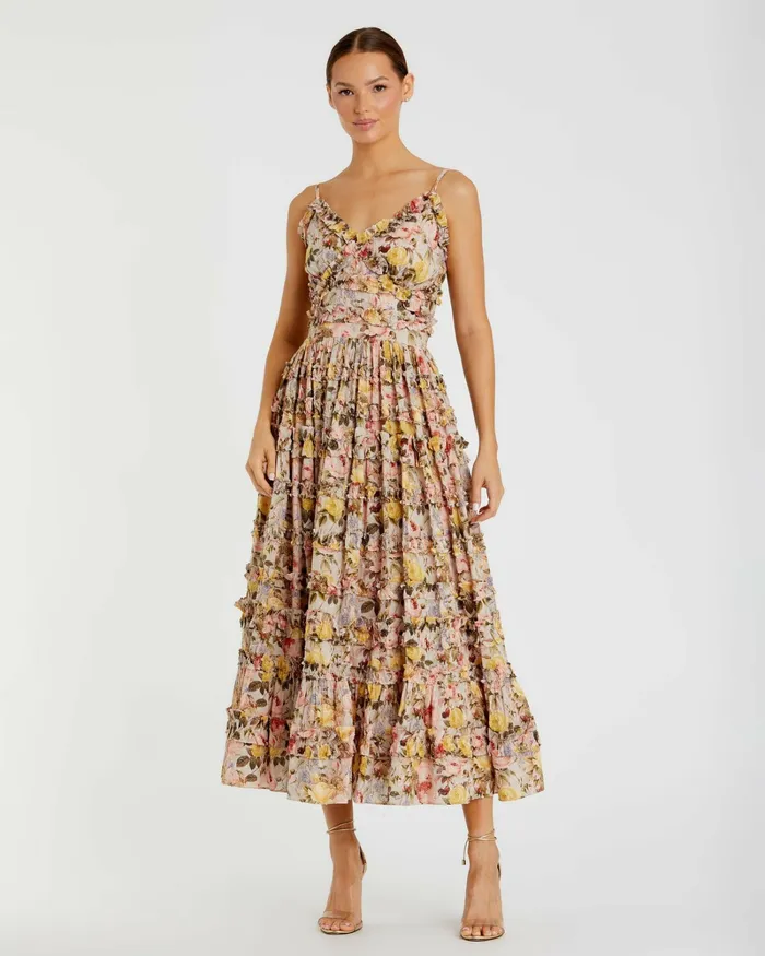 Daytime Dresses Women Mac Duggal Floral Print Ruffle Tiered Midi Dress Ivory Multi