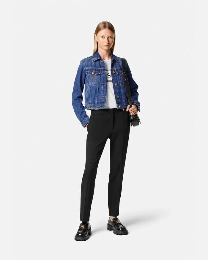Denim Jacket Blue Women Versace Outerwear and Coats