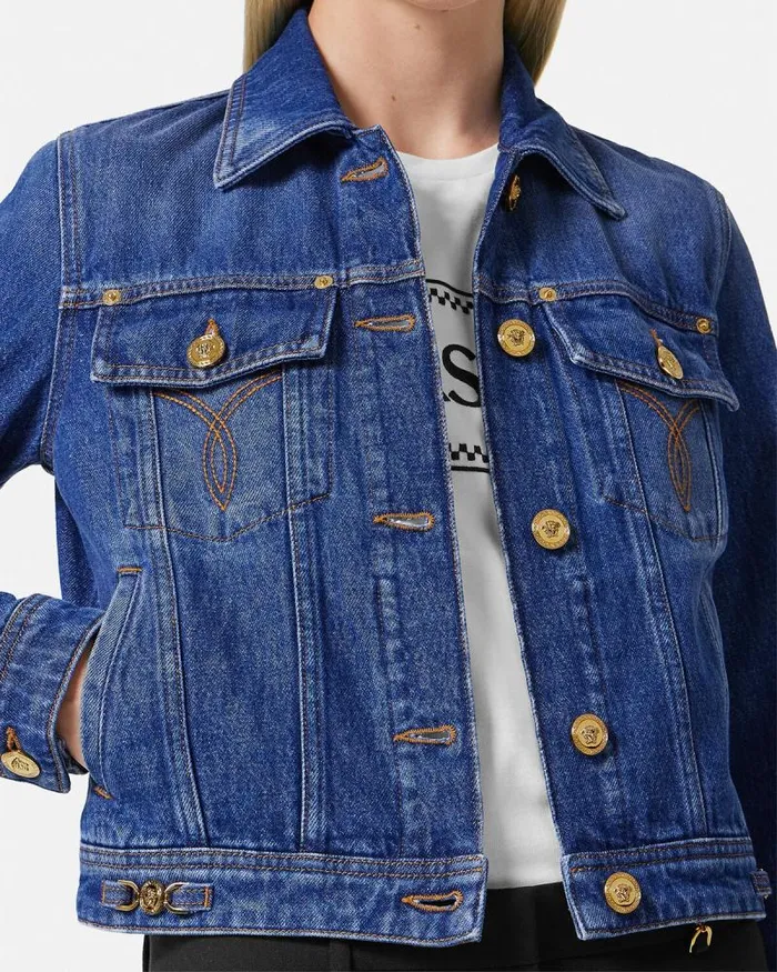 Denim Jacket Blue Women Versace Outerwear and Coats