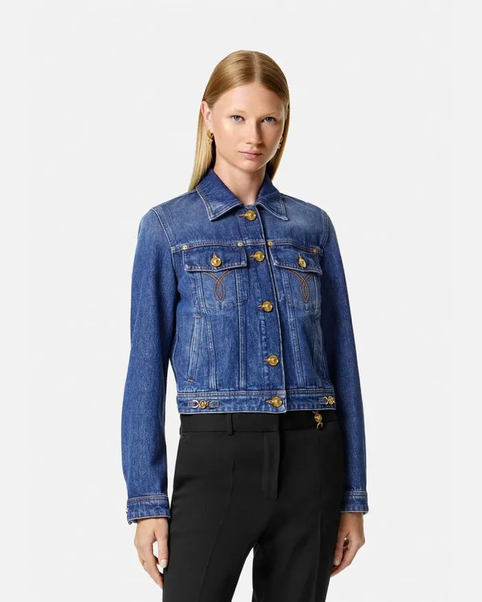Denim Jacket Blue Women Versace Outerwear and Coats