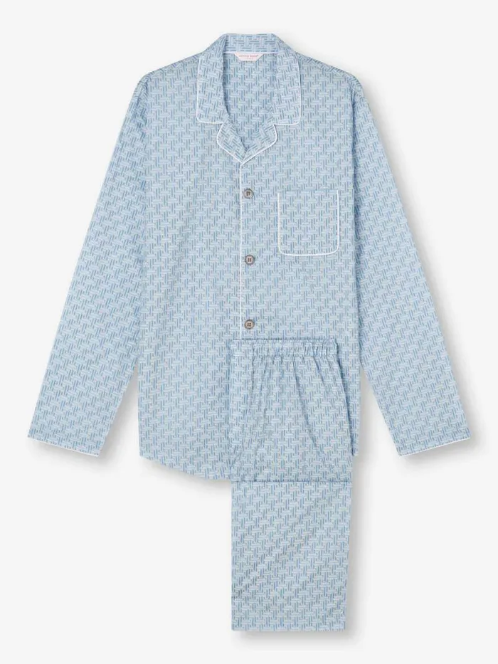 Derek Rose Cotton Pajamas Men Modern Fit Pajamas Ledbury 72 Cotton Batiste Blue