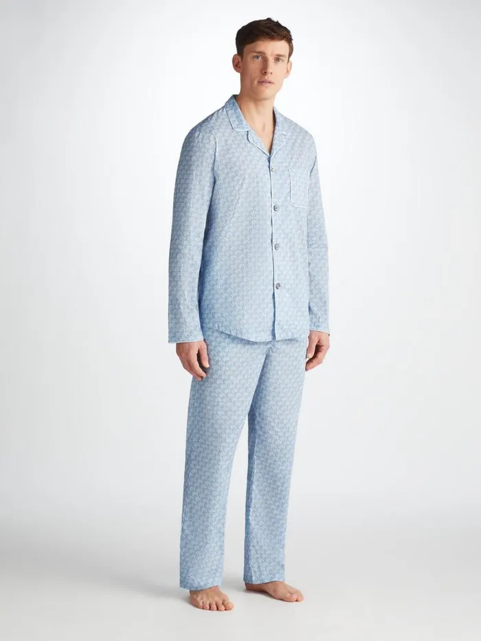 Derek Rose Cotton Pajamas Men Modern Fit Pajamas Ledbury 72 Cotton Batiste Blue