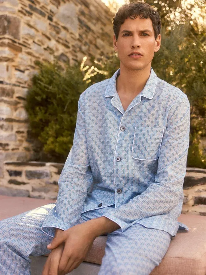 Derek Rose Cotton Pajamas Men Modern Fit Pajamas Ledbury 72 Cotton Batiste Blue