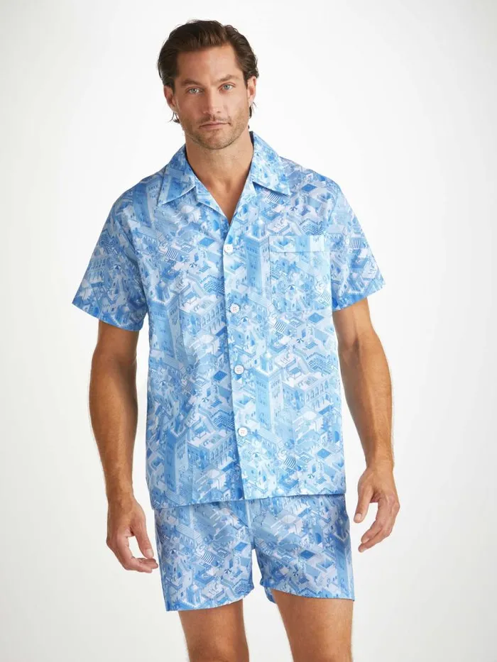 Derek Rose Cotton Pajamas Men Short Pajamas Ledbury 70 Cotton Batiste Blue