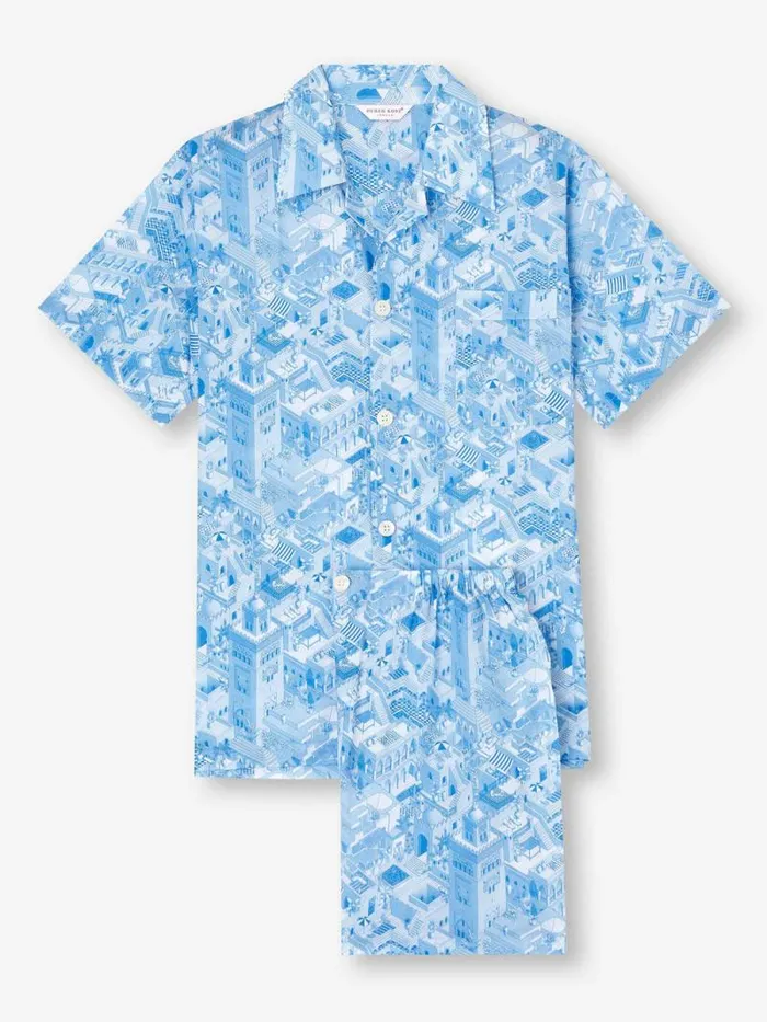 Derek Rose Cotton Pajamas Men Short Pajamas Ledbury 70 Cotton Batiste Blue