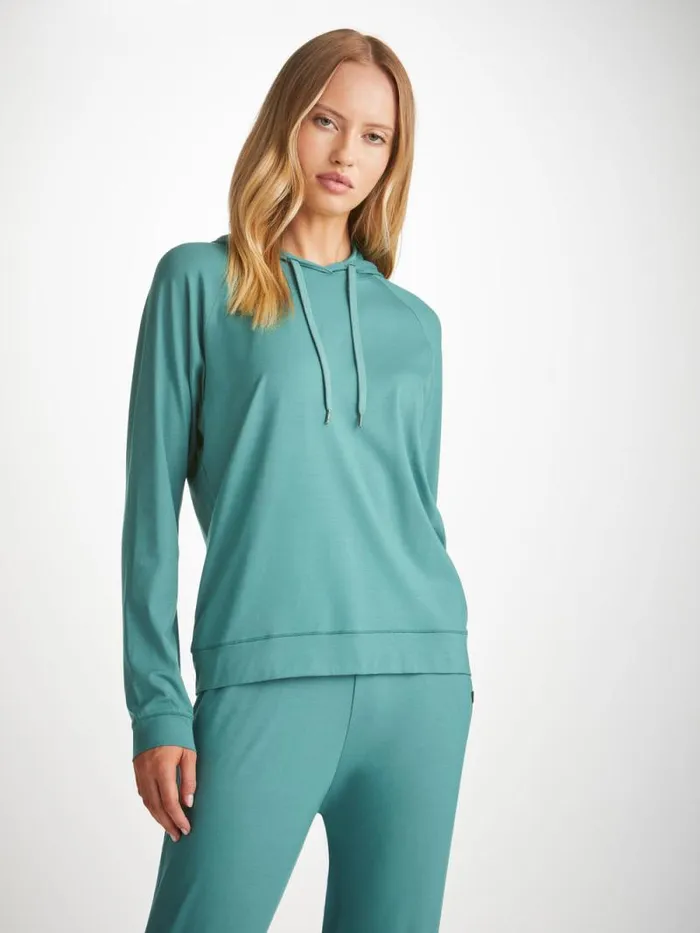 Derek Rose Hooded Tops Women Pullover Hoodie Basel Micro Modal Stretch Teal