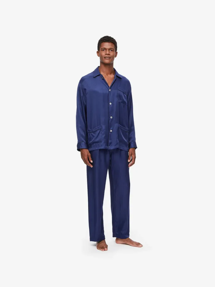 Derek Rose Long Pajamas Men Classic Fit Pajamas Woburn 8 Silk Satin Navy