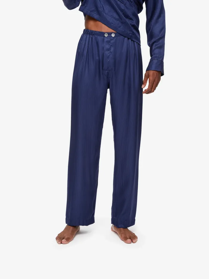 Derek Rose Long Pajamas Men Classic Fit Pajamas Woburn 8 Silk Satin Navy