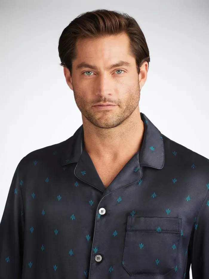 Derek Rose Long Pajamas Men Pajamas Brindisi 106 Silk Satin Navy