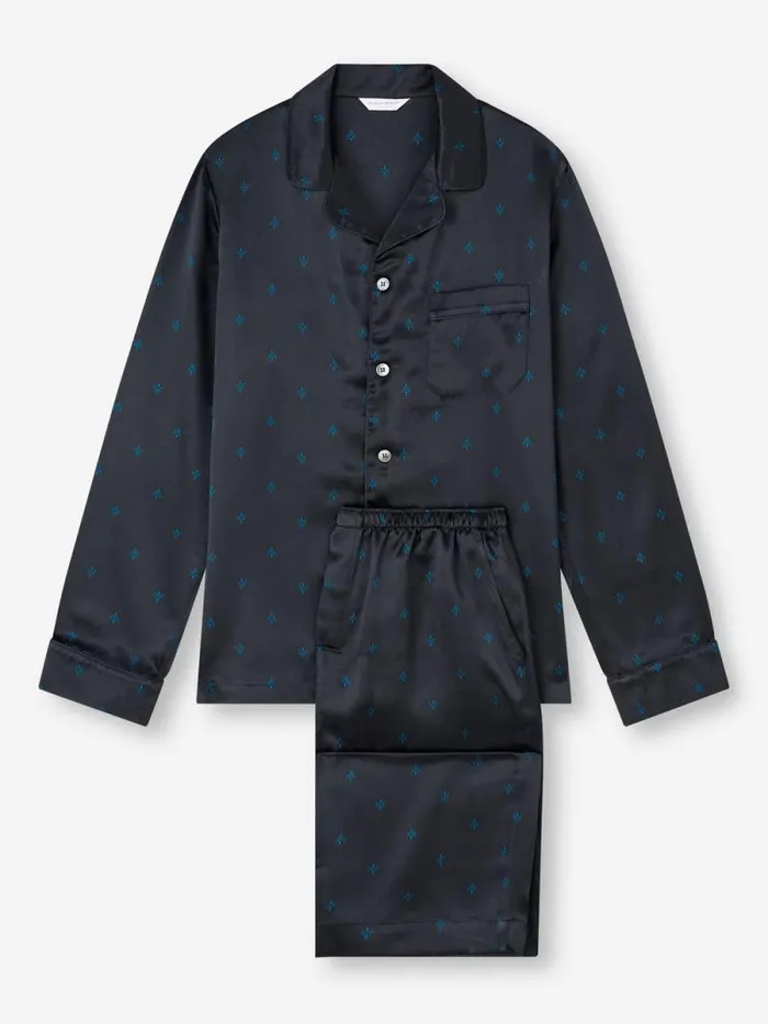 Derek Rose Long Pajamas Men Pajamas Brindisi 106 Silk Satin Navy