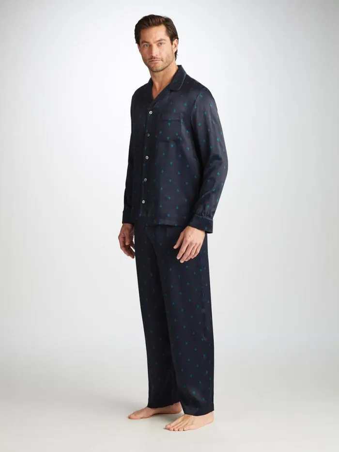 Derek Rose Long Pajamas Men Pajamas Brindisi 106 Silk Satin Navy