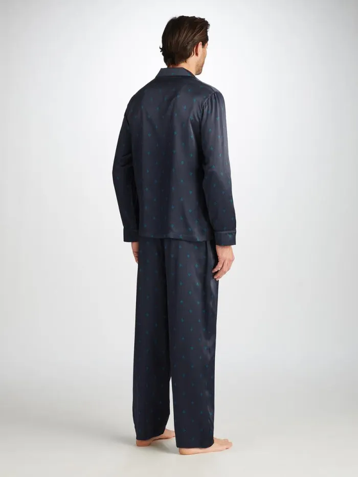 Derek Rose Long Pajamas Men Pajamas Brindisi 106 Silk Satin Navy