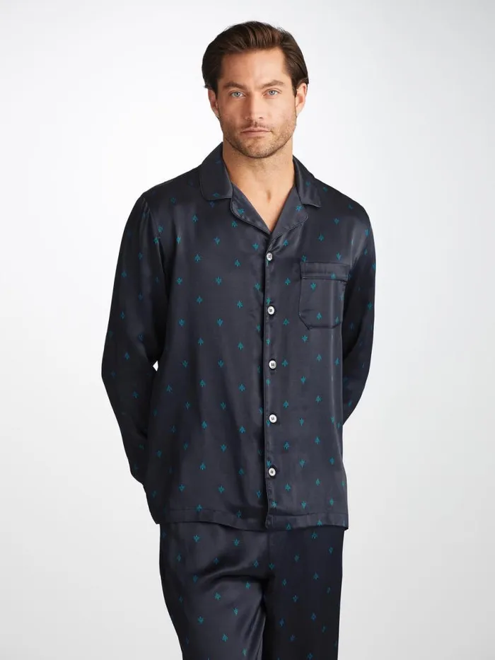 Derek Rose Long Pajamas Men Pajamas Brindisi 106 Silk Satin Navy