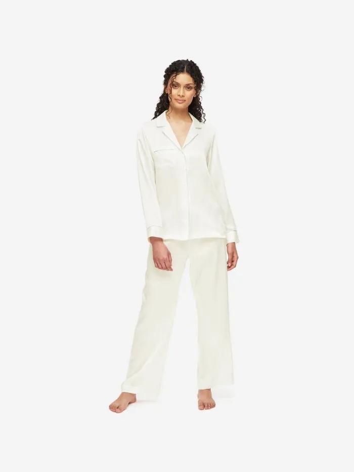 Derek Rose Long Pajamas Women Pajamas Bailey Silk Satin Ivory