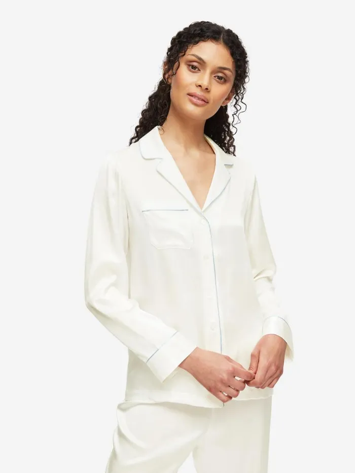 Derek Rose Long Pajamas Women Pajamas Bailey Silk Satin Ivory