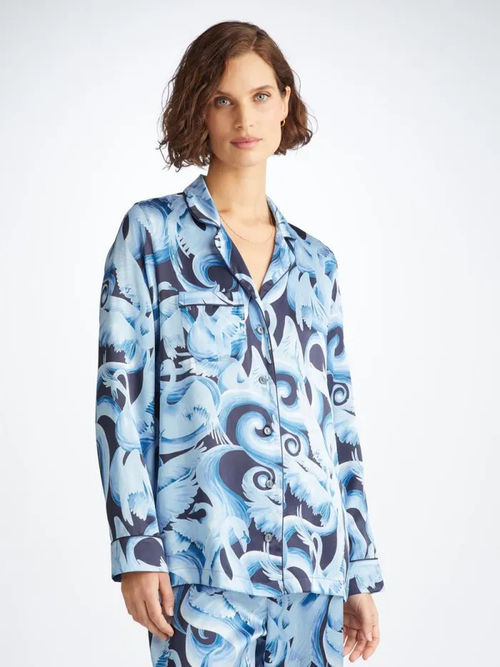 Derek Rose Long Pajamas Women Pajamas Brindisi 104 Silk Satin Navy