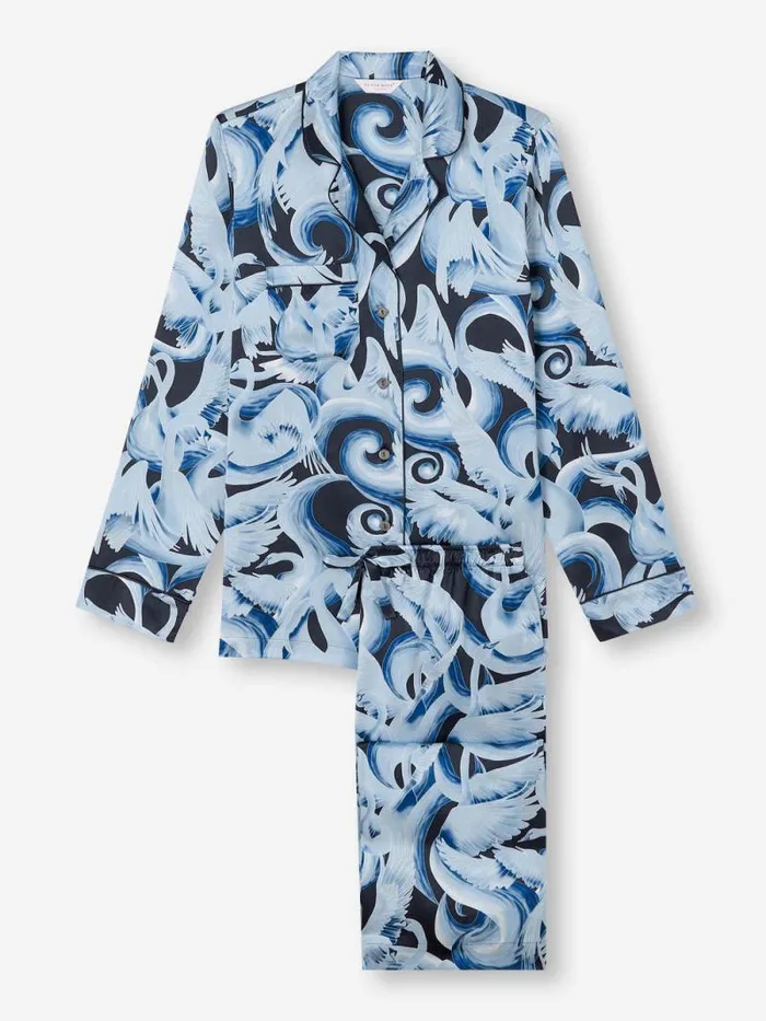 Derek Rose Long Pajamas Women Pajamas Brindisi 104 Silk Satin Navy