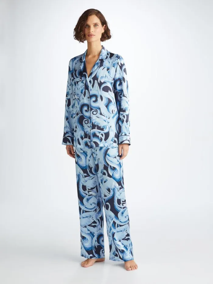 Derek Rose Long Pajamas Women Pajamas Brindisi 104 Silk Satin Navy
