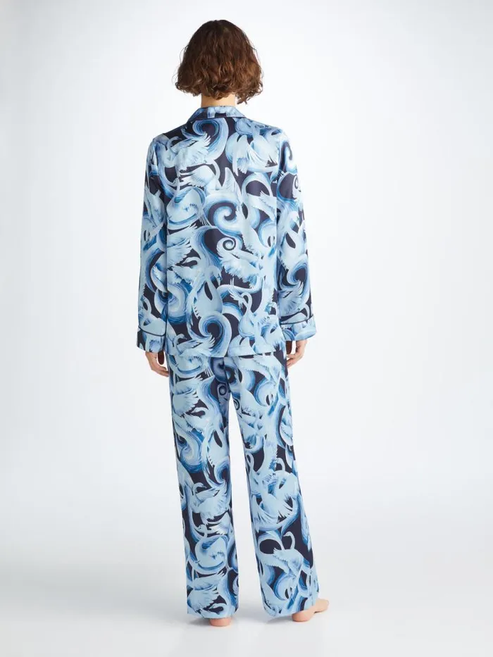 Derek Rose Long Pajamas Women Pajamas Brindisi 104 Silk Satin Navy