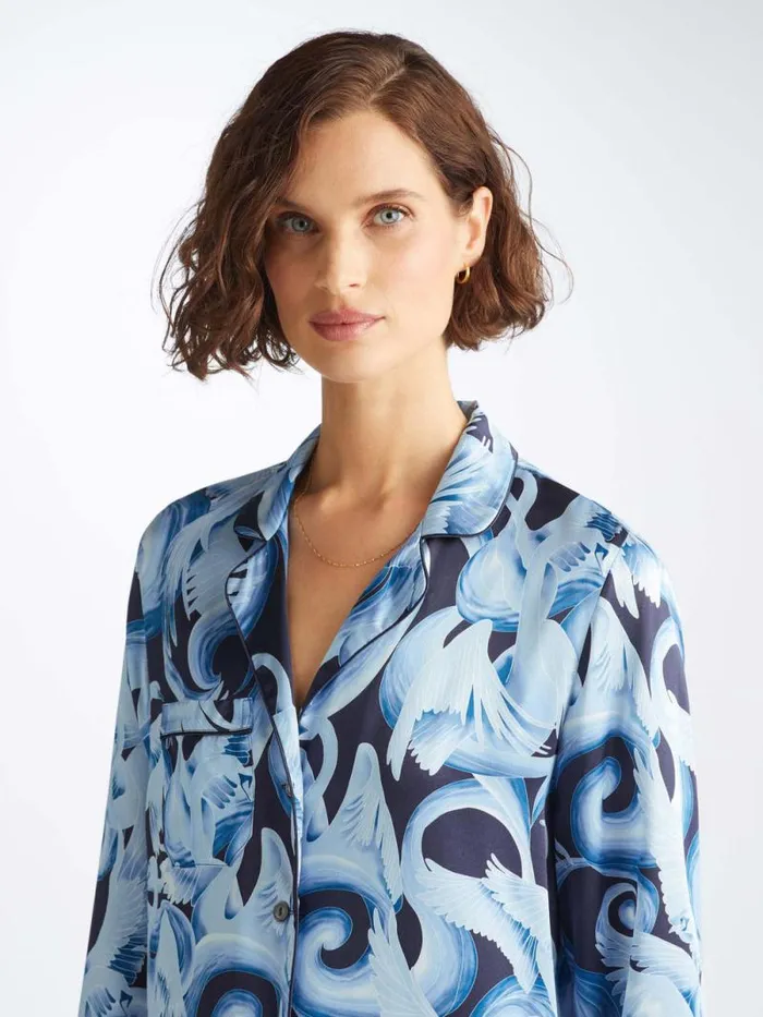 Derek Rose Long Pajamas Women Pajamas Brindisi 104 Silk Satin Navy