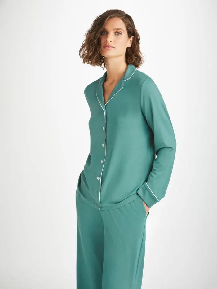 Derek Rose Long Pajamas Women Pajamas Lara Micro Modal Stretch Teal