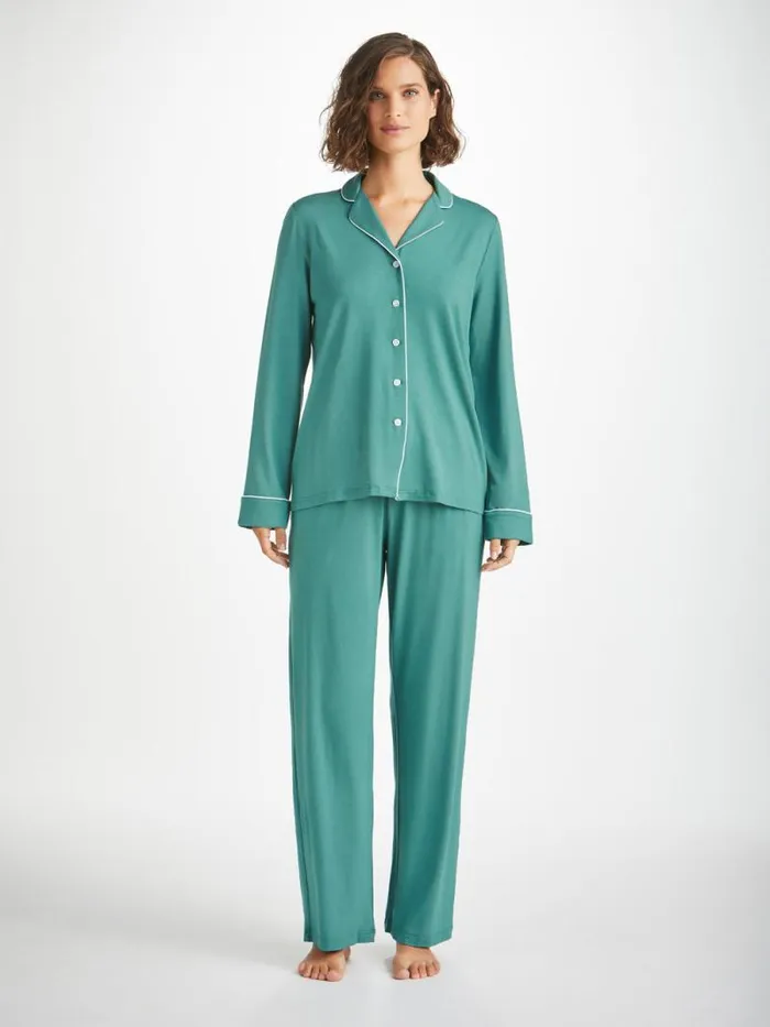 Derek Rose Long Pajamas Women Pajamas Lara Micro Modal Stretch Teal