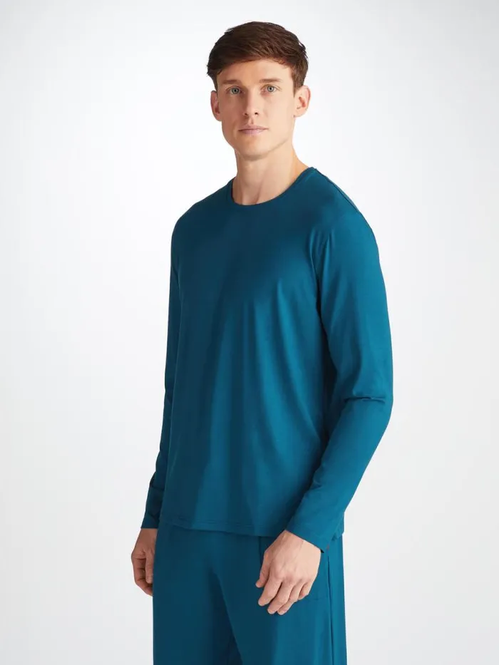 Derek Rose Short Sleeve TShirts Men Long Sleeve TShirt Basel Micro Modal Stretch Poseidon Blue