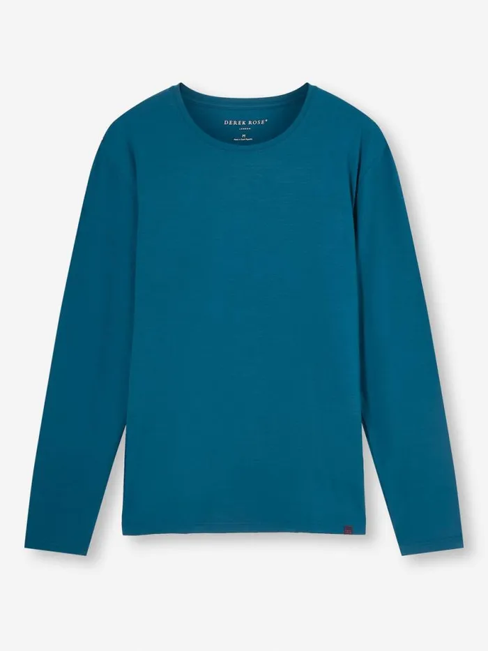 Derek Rose Short Sleeve TShirts Men Long Sleeve TShirt Basel Micro Modal Stretch Poseidon Blue