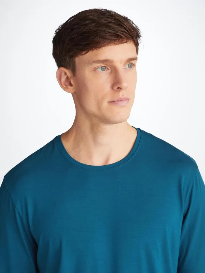Derek Rose Short Sleeve TShirts Men Long Sleeve TShirt Basel Micro Modal Stretch Poseidon Blue