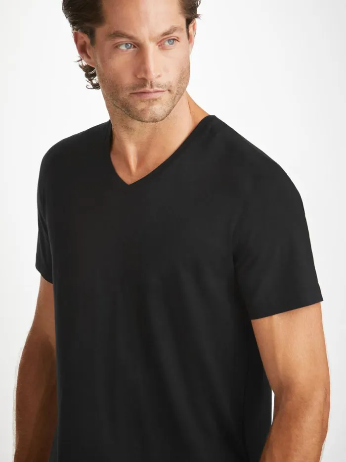 Derek Rose Short Sleeve TShirts Men VNeck TShirt Basel Micro Modal Stretch Black