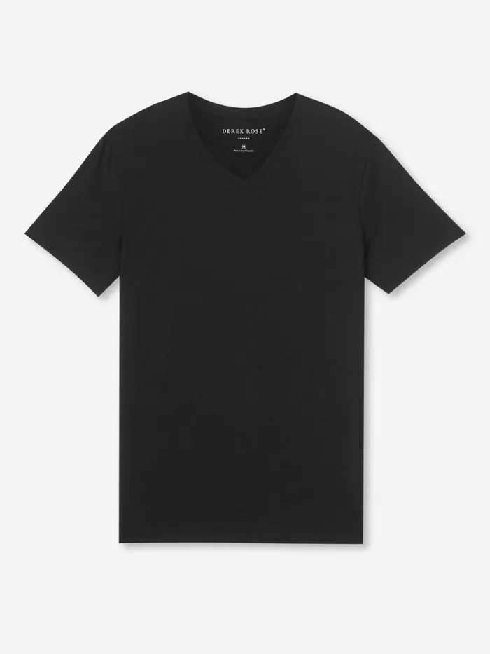 Derek Rose Short Sleeve TShirts Men VNeck TShirt Basel Micro Modal Stretch Black